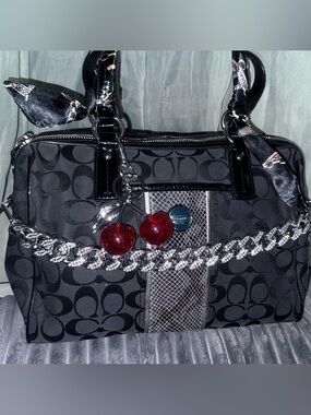 Coach Black Signature Satchel with Red Cherry Charm